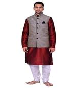 Men's Traditional Red Kurta White Pajama With Black Jacket Set