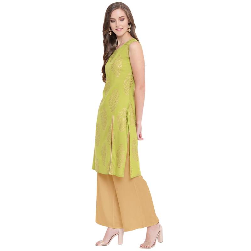 Gold Print Front Slit Kurti Palazzo Set