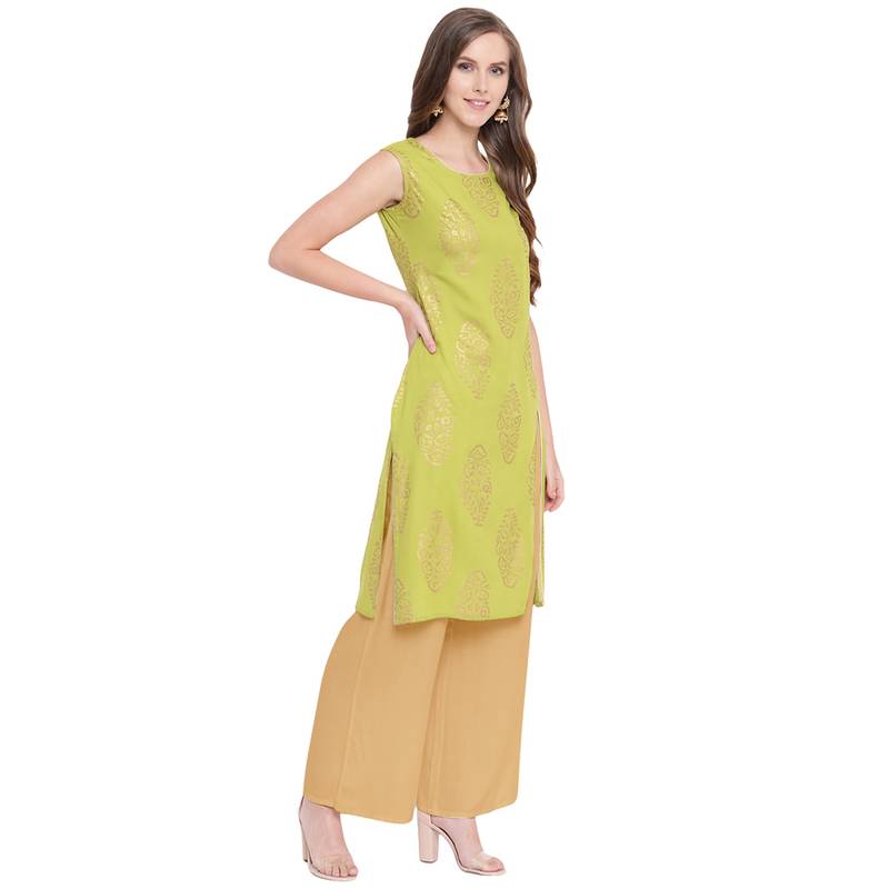 Gold Print Front Slit Kurti Palazzo Set