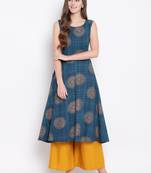 Flared blue kurti palazzo set with attatched sleeves decorated with gold motifs all over.
