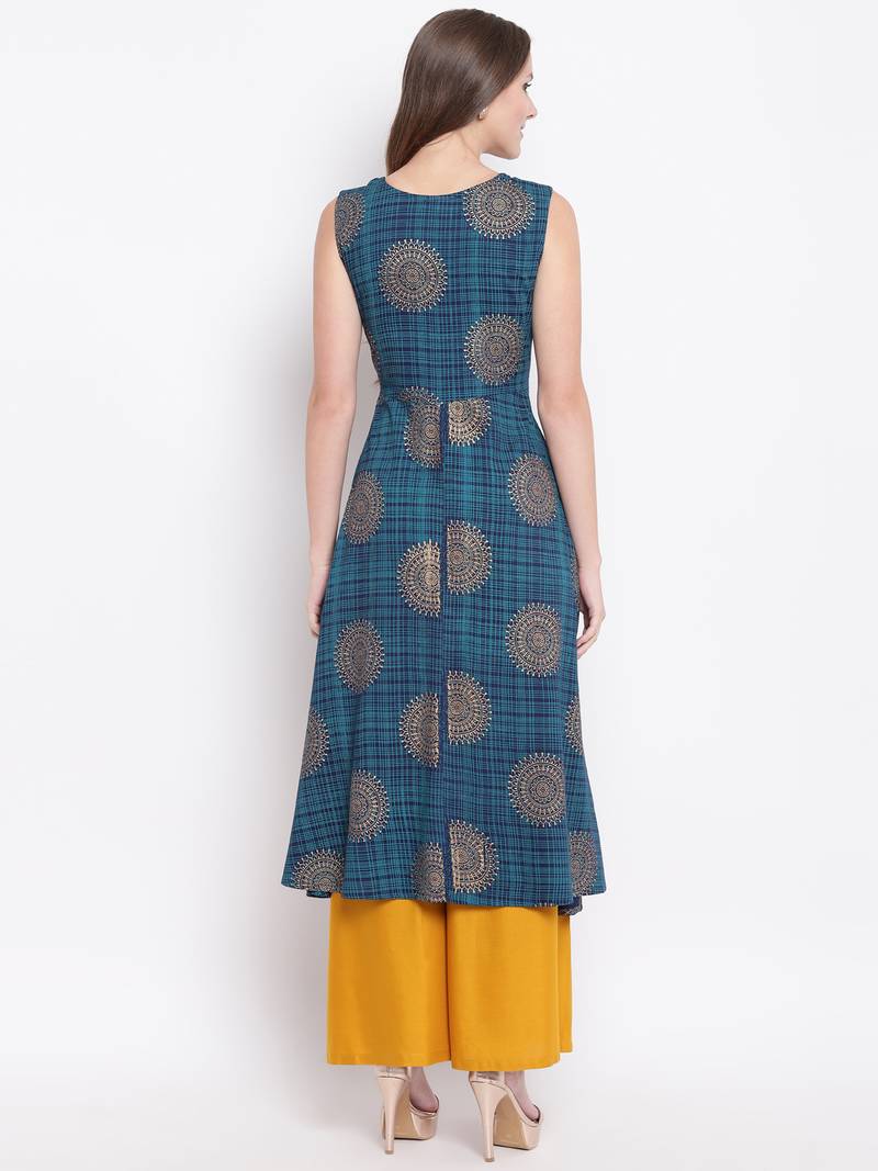 Flared blue kurti palazzo set with attatched sleeves decorated with gold motifs all over.