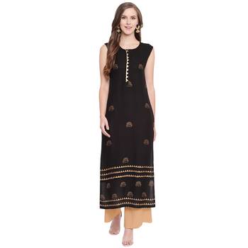 Black straight cut sleeveless kurti with gold hand block printing and attatched sleeves inside. 1