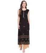 Black straight cut sleeveless kurti with gold hand block printing and attatched sleeves inside.