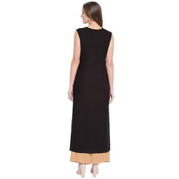 Black straight cut sleeveless kurti with gold hand block printing and attatched sleeves inside. 2