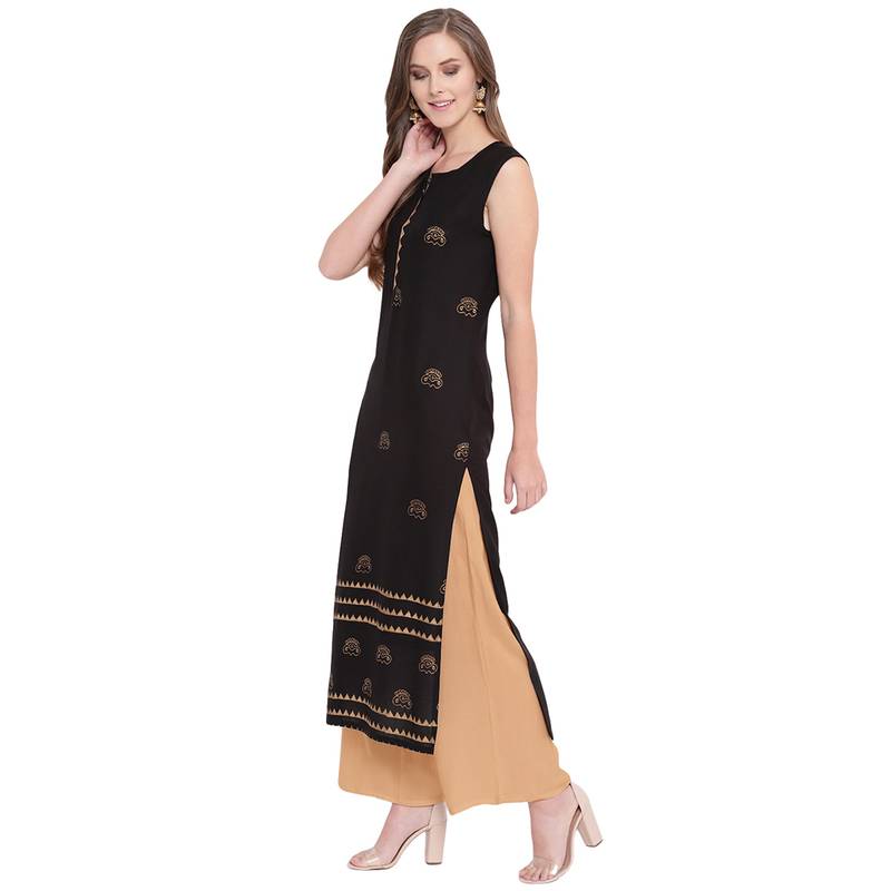 Black straight cut sleeveless kurti with gold hand block printing and attatched sleeves inside.