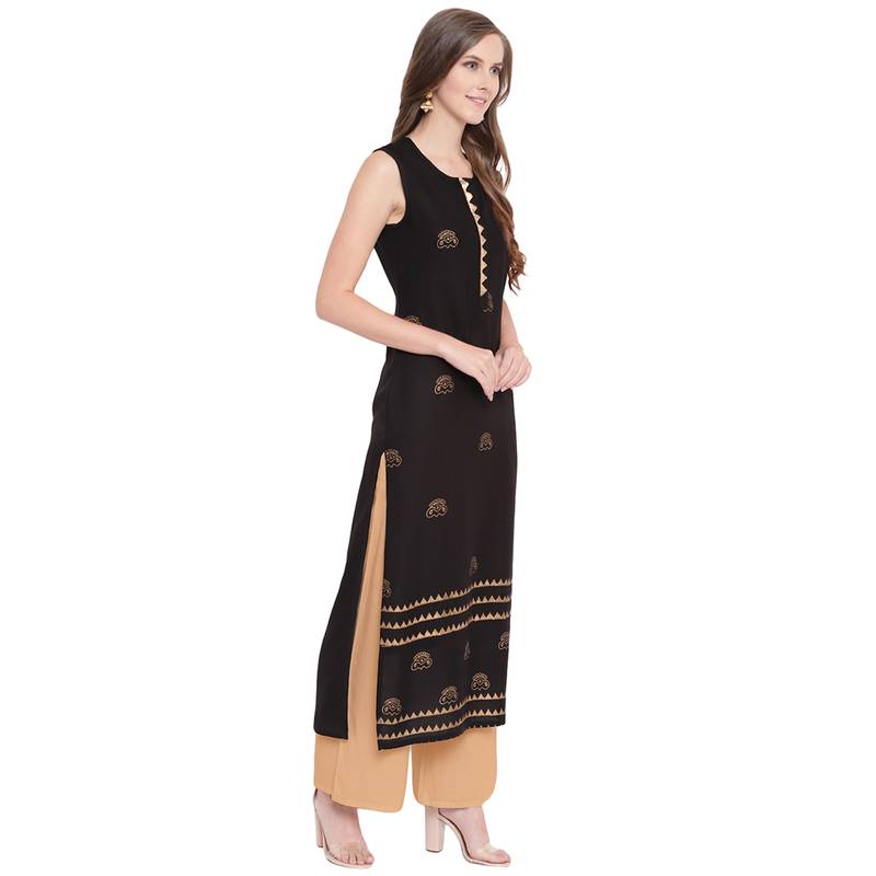 Black straight cut sleeveless kurti with gold hand block printing and attatched sleeves inside.