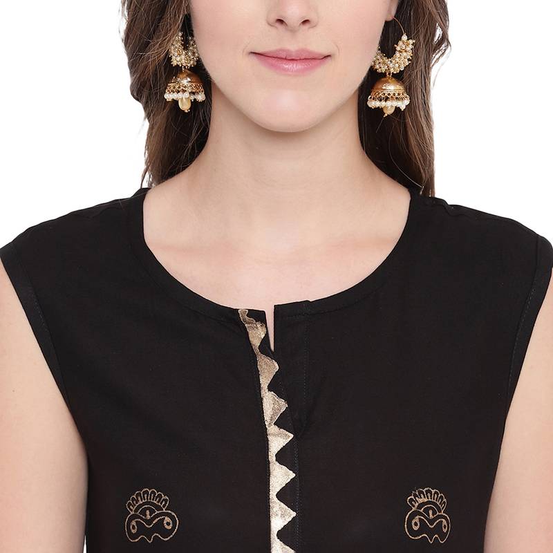 Black straight cut sleeveless kurti with gold hand block printing and attatched sleeves inside.