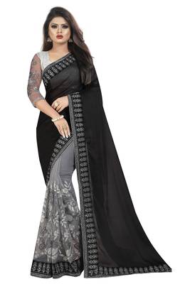 Black And Gray Net Half-Half Embriodered Saree With Blouse Piece. 1