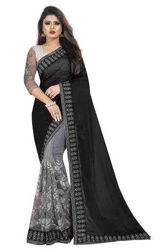 Black And Gray Net Half-Half Embriodered Saree With Blouse Piece.