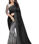 Black And Gray Net Half-Half Embriodered Saree With Blouse Piece.