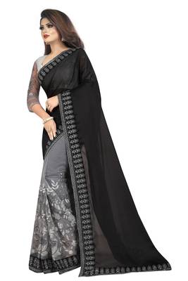Black And Gray Net Half-Half Embriodered Saree With Blouse Piece. 2