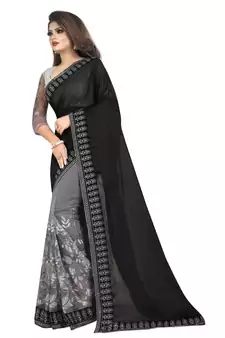 Black And Gray Net Half-Half Embriodered Saree With Blouse Piece.