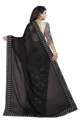 Black And Gray Net Half-Half Embriodered Saree With Blouse Piece. 3