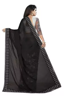 Black And Gray Net Half-Half Embriodered Saree With Blouse Piece.