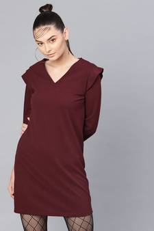 Burgundy V-Neck Shift Dress