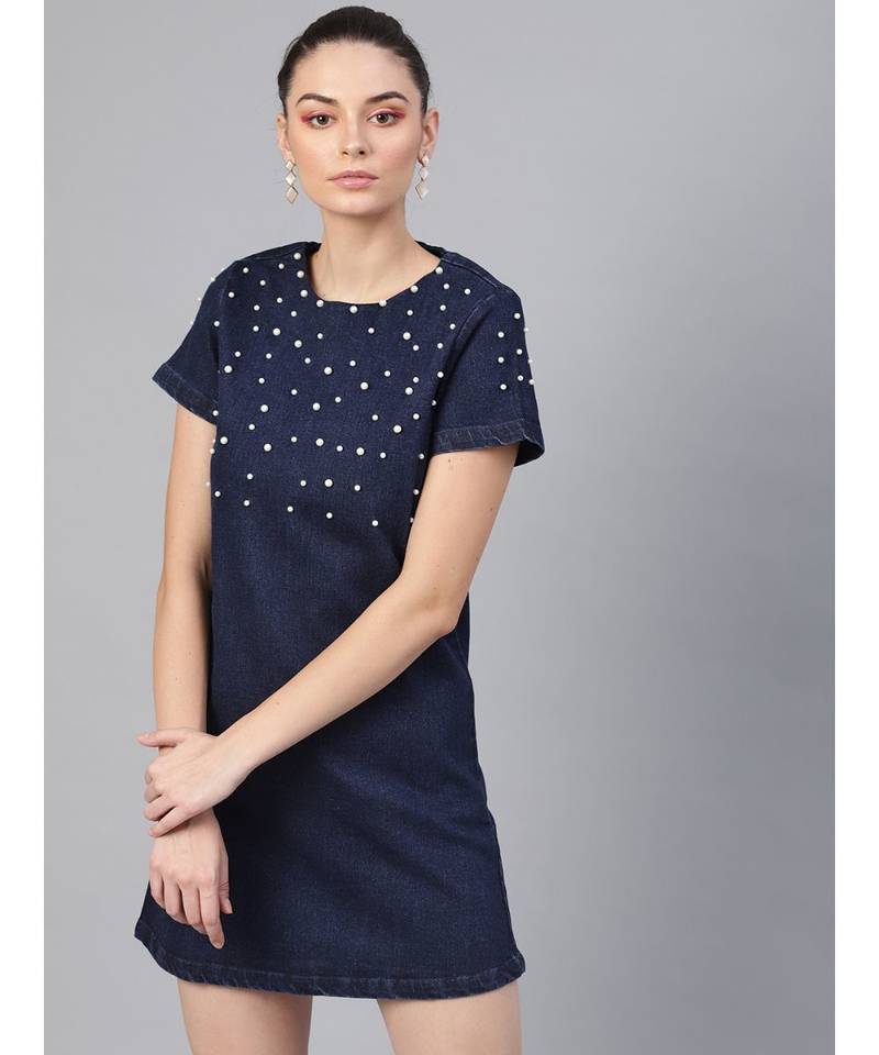 blue Denim Pearl Studded Dress - SASSAFRAS - 3094216