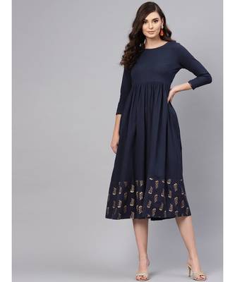 blue Foil Printed Gathered Dress 1
