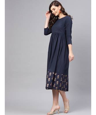 blue Foil Printed Gathered Dress 2