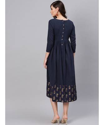 blue Foil Printed Gathered Dress 3