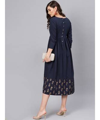 blue Foil Printed Gathered Dress 4