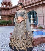Grey thread embroidery silk semi stitched lehenga
