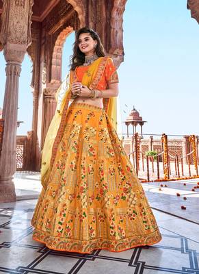 Mustard thread embroidery silk semi stitched lehenga 1
