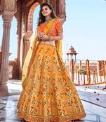 Mustard thread embroidery silk semi stitched lehenga