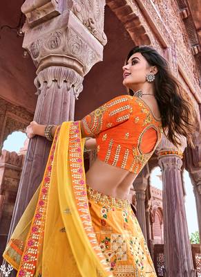 Mustard thread embroidery silk semi stitched lehenga 2
