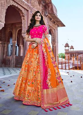 Orange thread embroidery silk semi stitched lehenga 1