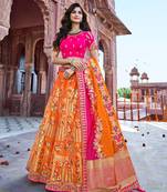 Orange thread embroidery silk semi stitched lehenga