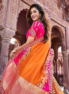 Orange thread embroidery silk semi stitched lehenga 3