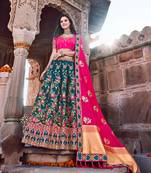 Dark-teal thread embroidery silk semi stitched lehenga