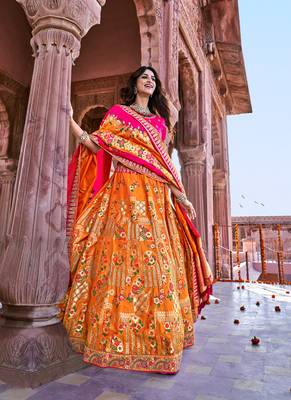 Orange thread embroidery silk semi stitched lehenga 4