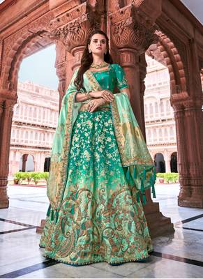Teal thread embroidery silk semi stitched lehenga 1