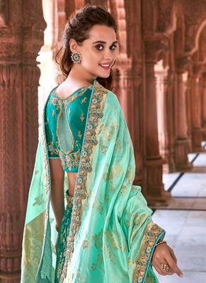 Teal thread embroidery silk semi stitched lehenga 2