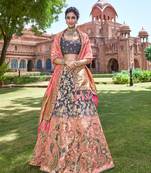 Grey thread embroidery silk semi stitched lehenga