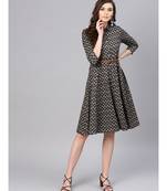 black Ikat Front Open Belted Dress
