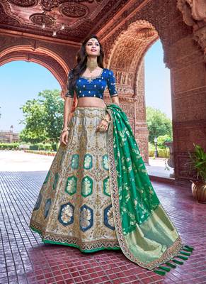 Grey thread embroidery silk semi stitched lehenga 1