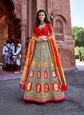 Grey thread embroidery silk semi stitched lehenga 1