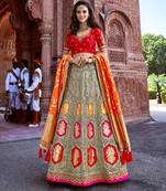 Grey thread embroidery silk semi stitched lehenga