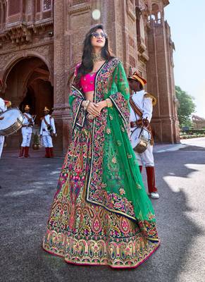 Navy-blue thread embroidery silk semi stitched lehenga 1