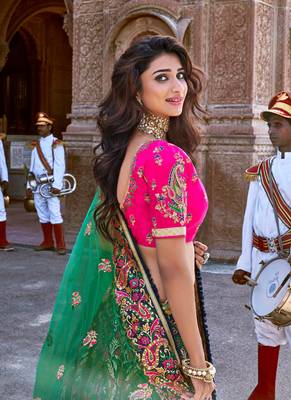 Navy-blue thread embroidery silk semi stitched lehenga 2