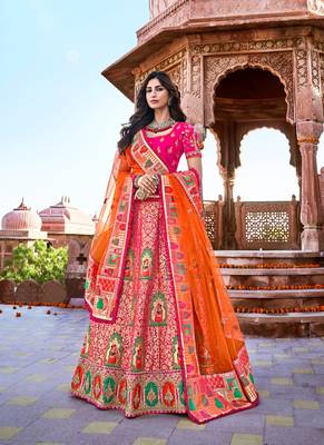 Rani-pink thread embroidery silk semi stitched lehenga 1