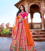 Rani-pink thread embroidery silk semi stitched lehenga