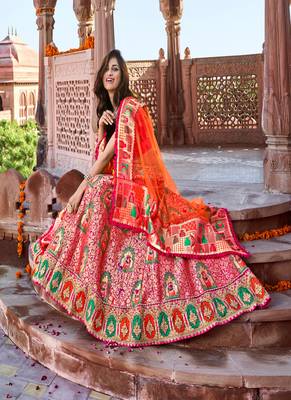 Rani-pink thread embroidery silk semi stitched lehenga 2