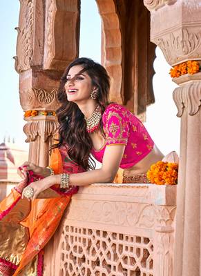 Rani-pink thread embroidery silk semi stitched lehenga 4