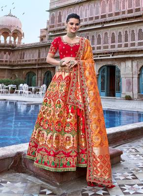 Red thread embroidery silk semi stitched lehenga 1