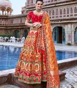 Red thread embroidery silk semi stitched lehenga