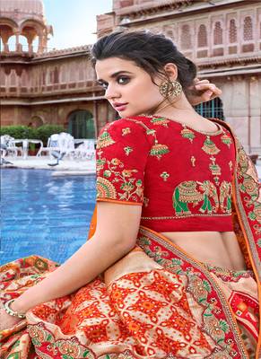Red thread embroidery silk semi stitched lehenga 2