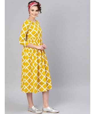 yellow Diamond Print Gathered Dress 2